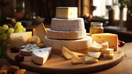 Assortment of different types of cheeses on a black background. - obrazy, fototapety, plakaty
