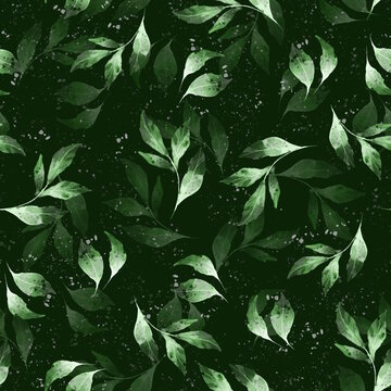 Seamless dark green pattern with leaves, floral decorative background.