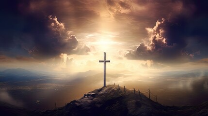 Silhouette Holy cross concept symbol on top mountain Resurrection background with sunlight