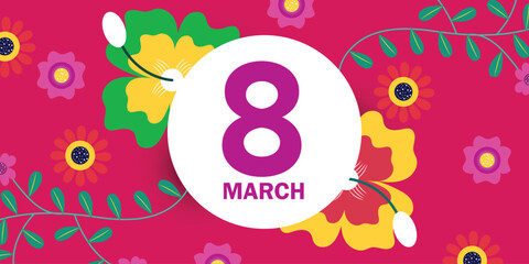 women's day 8 march holiday celebration banner flyer or greeting card with flowers on number eight horizontal vector