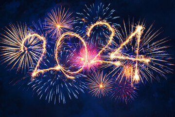 Sparkle firework on black background, happy new year 2024 concept. - obrazy, fototapety, plakaty