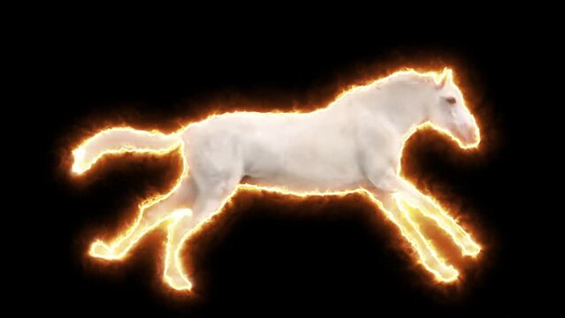 Running fiery horse. Animated horse on fire. Gallop on fire. Purple mystical fire. Fairytale glow.