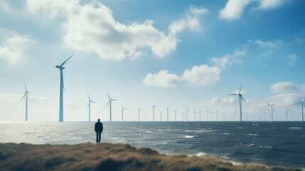Man standing looking at wind farm - obrazy, fototapety, plakaty
