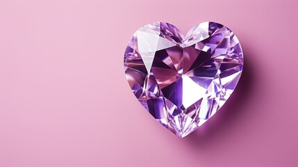Fototapeta premium Heart shaped diamond purple on pink background. Valentines day and love jewelry concept. Horizontal banner with copy space for text
