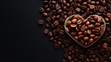 Obraz premium Coffee aromatic beans scattered and in a heart shaped bowl on a black background with copy space greeting card Valentine's day