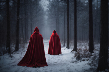 Red cloaked figure encountering a stranger in the scary winter forest with moonlight - obrazy, fototapety, plakaty