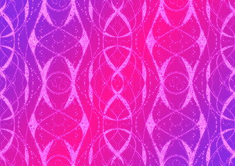 Hand-drawn abstract seamless ornament. Neon gradient (plastic pink to proton purple) background and glowing pattern on it. Cloth texture. Digital artwork, A4. (pattern: p10-4b)
