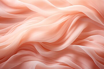 Soft peach silk fabric undulating in smooth, wave-like patterns. Close-up view of delicate beige tulle fabric, showcasing its fine mesh texture and light transparency. - 693467598