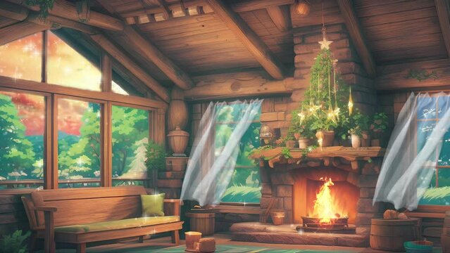 Cozy living room of a winter cabin with a lit fireplace warm throw blankets and depth of cold winter snow outside the window animated virtual backgrounds