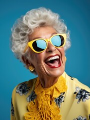 Portrait of сheerful senior woman in yellow sunglasses on blue studio background. Close-up of an older model with an open mouth and bright makeup with gray short hair. Copy space for text