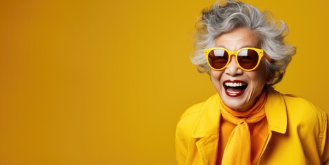 Cheerful stylish senior Asian woman in yellow jacket and sunglasses with red lipstick on her lips on fashion gorisontal banner with copy space for text