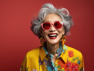 Portrait of a beautiful happy smiling senior Asian woman with grey hair wearing sunglasses and colorful shirt isolated on a red background, fashion studio