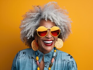 Portrait of smiling afro american senior woman with makeup and curly gray hair  in sunglasses and stylish accessories jewelry earrings on yellow background with copy space 