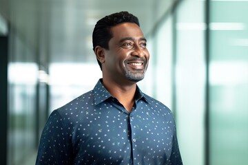 Fototapeta premium Happy business man leader looking away standing in office hallway. Professional smiling businessman manager executive or male employee or entrepreneur thinking of future success.