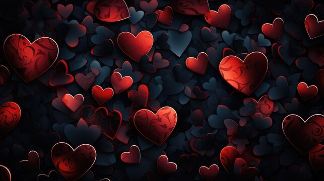Dense 3d heart pattern in red and dark tones with layered shadows and soft lighting. Concept of strong romantic connection