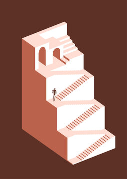 illustrates the structure of a Roman staircase or step with an interwoven form, like the maze game Monument Valley, Architectural Psychology. Isometric view of building vector in red