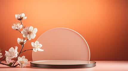 3d empty  round  transparent glass stage podium for presentation on orange flower background, Empty  round mockup showcase for cosmetic product  promotion sale,Spa and beauty mockup. 