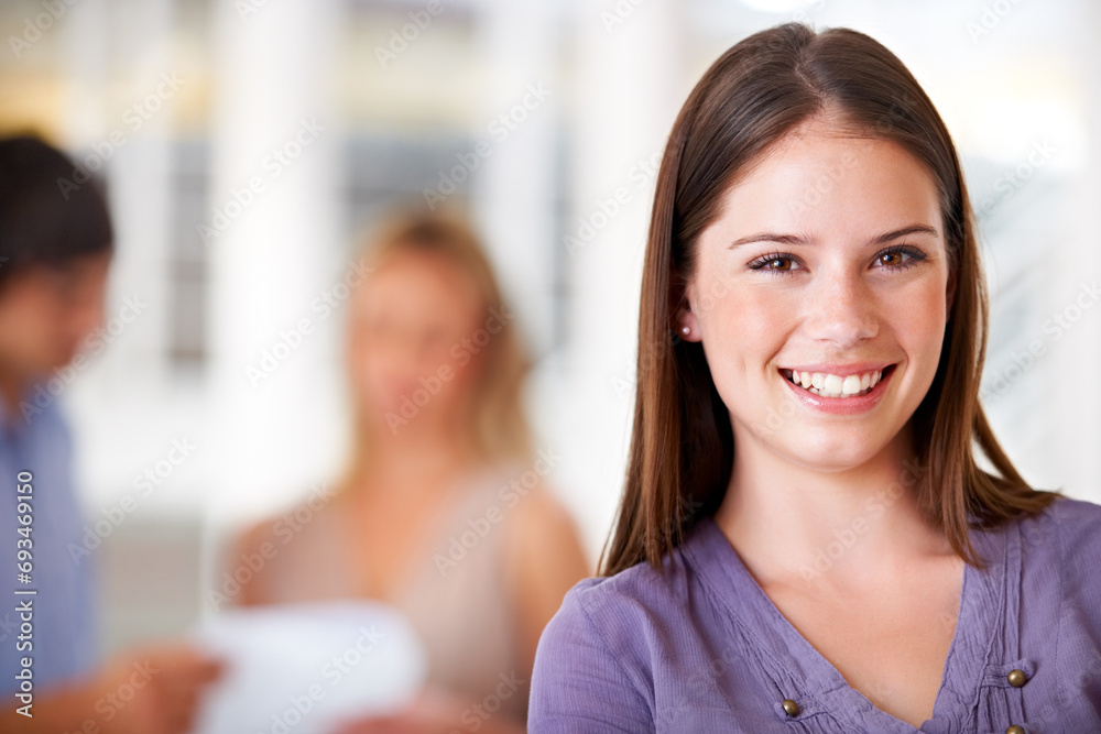 Sticker Portrait, smile and a young business woman in her office for the start of career with an internship. Face, company and a happy female professional employee closeup in a design agency workplace