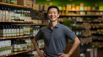 Fototapeta premium A content man in a grey polo shirt standing in a natural products store.