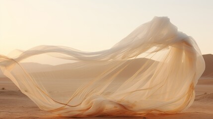 A beautiful peach veil flying in the wind in the desert at sunset, the golden hour.