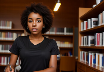 A young black female studying for university at a library