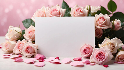 Blank paper surrounded by pink roses, bright and beautiful, for Valentine's Day, important holidays.