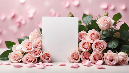 Blank paper surrounded by pink roses, bright and beautiful, for Valentine's Day, important holidays.