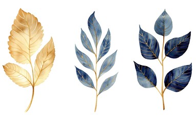Set of golden and blue tree leaves on