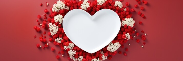 Red heart shape made of flowers on white plate for Valentine's Day red background