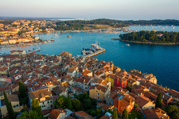 View to the beautiful old town of Rovinj in Croatia at sunset