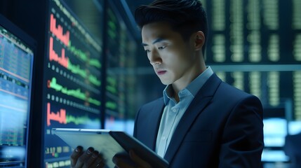 Concentrated analyst scrutinizing data in a high-tech server room