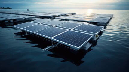 Floating Solar Panels. PV modules mounted on platforms that float on water reservoirs, lakes, and where conditions are right seas and oceans - obrazy, fototapety, plakaty