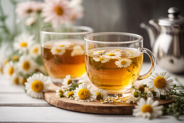 Healthy chamomile tea in glass with teapot and flowers on white wooden table with copy space, bright blurred background