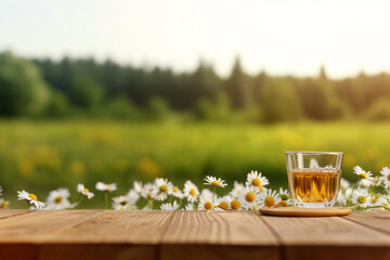 A cup of camomile tea on wooden table and camomile flowers in the morning with nature background. - obrazy, fototapety, plakaty