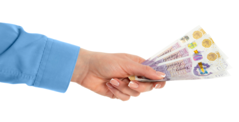 Female hand holding British pounds currency isolated on white background