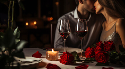 A well dressed couple having romantic dinner date at luxury restaurant, red roses and wine on the table with unrecognizable person, celebrating Valentine s day concept.