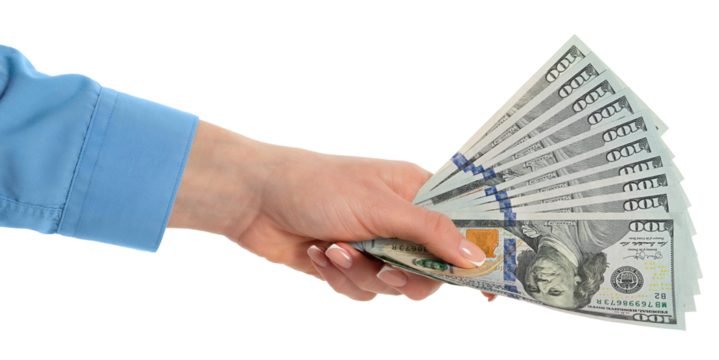 Female hand holding 100 dollar bills isolated on white background