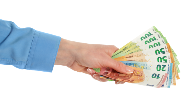 Female hand holding paper euro currency isolated on white background