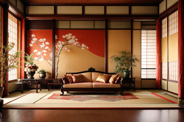 A vintage Japanese room, background. Traditional upper-class Japanese-style room with gold-byobu-style decorated walls