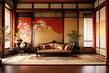 Selbstklebende Fototapeten A vintage Japanese room, background. Traditional upper-class Japanese-style room with gold-byobu-style decorated walls © Bockthier
