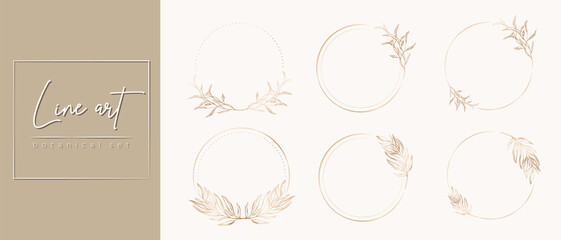Botanical golden circle frame set. Hand drawn round line border, leaves and flowers, wedding invitation and cards, logo design, social media and posters template. Elegant minimal style floral vector	