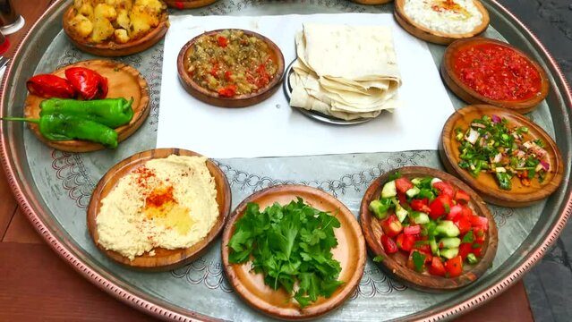 A large platter of Turkish food. Assortment of Turkish foods. Istanbul, Turkey.