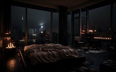 penthouse bedroom at night dark gloomy - obrazy, fototapety, plakaty