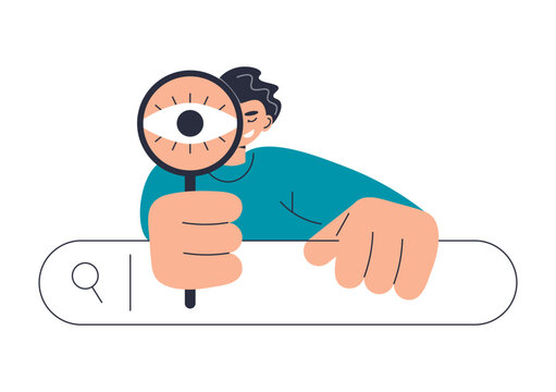 Business concept of searching for decisions, new ideas and opportunities. Surfing Internet. Character looks through magnifying glass. Online information search, query or research. Development concept.