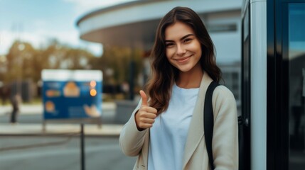 A young woman, wearing a white t-shirt and carrying a bag, stands in the city with her thumb raised in the morning