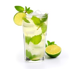 wet glass of cold lemonade with slices of lime, leaves of mint and cubes of ice isolated on white background. Made with generative ai 