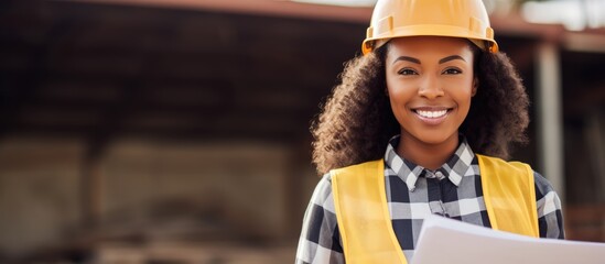 African American woman worker inspecting construction progress, with a hard hat and clipboard. Accomplished, confident project manager with black skin. - obrazy, fototapety, plakaty