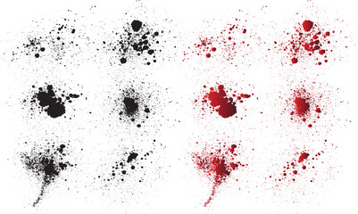 Red ink blood splatter background set. Handmade black blood ink splatter set. red ink splat background