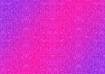 Hand-drawn abstract seamless ornament. Neon gradient (plastic pink to proton purple) background and glowing pattern on it. Cloth texture. Digital artwork, A4. (pattern: p11-2b) - obrazy, fototapety, plakaty