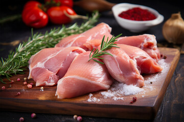 Fresh raw chicken meat on a wooden board with vegetables, spices and rosemary close-up